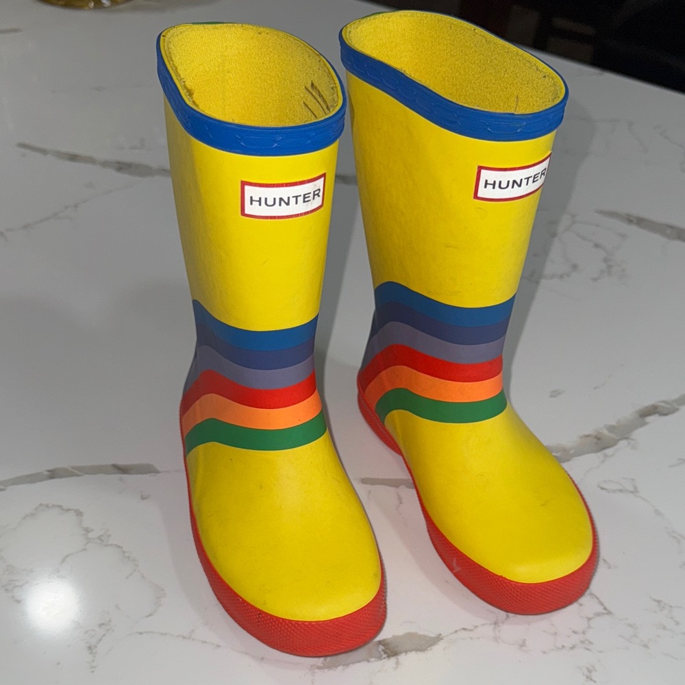 Hunter Kids Yellow Rain Boots with Multicolor Stripes
